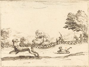 Löwin und Junges von Jägern verfolgt von Jacques Callot