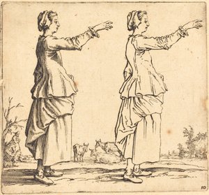 Bäuerin im Profil, nach rechts gewandt, mit ausgestrecktem Arm, 1617 und 1621 von Jacques Callot