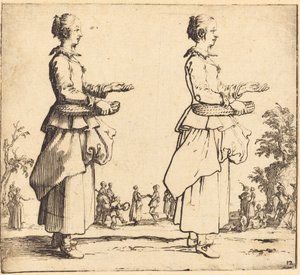 Bäuerin mit Korb im Profil, nach rechts blickend, 1617 und 1621 von Jacques Callot