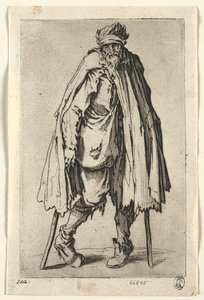 Die Bettler: Bettler auf Krücken mit einem Beutel von Jacques Callot