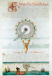 Navigationsinstrumente: Navigator mit einem Astrolabium. Seite aus „Les Premieres Works de Jacques Devaulx Pilot en la Marine“ von Jacques de Vaulx