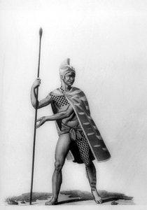 Junger Offizier in typischer Malo-Tracht, Hawaii, 1819