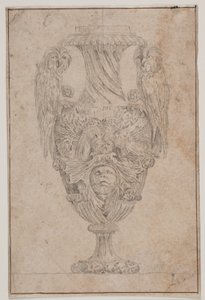 Zier-Vase mit zwei Eulen und einem Kopf. Kopie nach Pl. 15 aus der Suite der 1746 von Saly gezeichneten Vasen, "Vasa a se inventa..." von Jacques Francois Joseph Saly