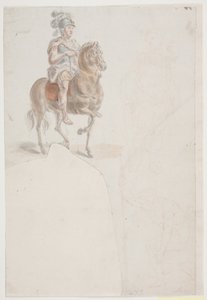 Reiter in römischer Tracht mit federgeschmücktem Helm. Außerdem zwei schwache Rötelzeichnungen von stehenden und halb knienden Männern.