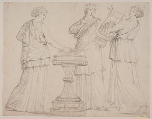 Drei Frauen in griechischen Gewändern an einem Altar. Die Frau links mit einer Tafel (?), in der Mitte mit einer Krone, rechts mit einer Lyra (Terpsichore?)