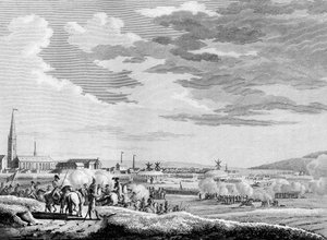 Krieg der Französischen Revolution und antirevolutionäre Bewegungen: Französischer Sieg in der Schlacht von Hondschoote bei Dünkirchen gegen die britischen und österreichischen antirevolutionären Truppen im Jahr 1793. Gravur von Berthaut nach Swebach. Pari
