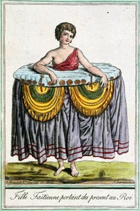 Junge Frau bietet dem König Geschenke an, Tahiti, Gesellschaftsinseln von Jacques Grasset de Saint Sauveur
