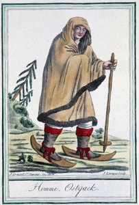 Ostyak-Mann auf Skiern - in „Enzyklopädie der Reisen“ von Grasset Saint Sauveur, ed. Paris 1796