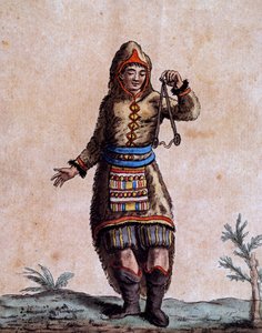 Frau aus der Hudson Bay in traditioneller Tracht, Farbgravur von Laroque, aus der Encyclopedia of voyages, von Jacques Grasset de Saint-Sauveur