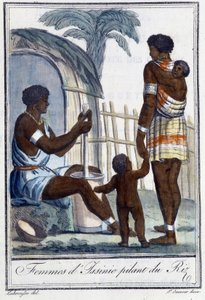 Frauen von Issinie, die Reis stampfen - in „Encyclopedia of Travels“ von Grasset St Sauveur, ed. 1796 von Jacques Grasset de Saint Sauveur