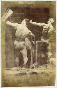Studie eines männlichen Aktmodells, von hinten gesehen und mit der Hand in einem Gestell, neben einem Gipsmodell in genau derselben Pose, im Atelier von Jacques de Lalaing