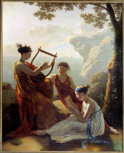 Griechische Dichterin Sappho spielt Lyra mit zwei ihrer Gefährtinnen
