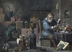 Der Alchemist. Gravur von Jacques-Louis Pérée. 17. Jahrhundert. von Jacques Louis Perée