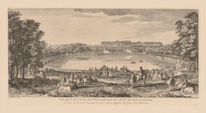 Ansicht des Schlosses von Versailles von der Orangerie-Seite, aufgenommen jenseits des Schweizerbeckens von Jacques Rigaud