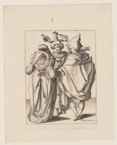 Ein Paar spricht mit einem gestikulierenden jungen Mann, aus Die Maskeraden von Jacques de Gheyn II