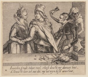 Ein junger Mann zwischen einer jungen Frau und einer alten Frau, aus Ungleiche Liebhaber von Jacques de Gheyn II