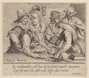 Eine junge Frau zwischen einem jungen Mann und einem alten Mann, aus Ungleiche Liebhaber von Jacques de Gheyn II