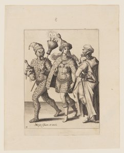 Ein alter Mummer spricht ein Paar in Blättern und Vogelfedern an, aus The Masquerades von Jacques de Gheyn II