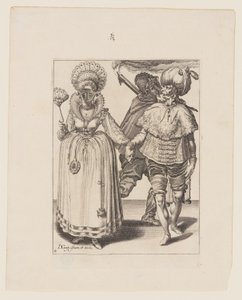 Mann mit Turban führt eine Frau mit Pfauenfedern, hinter ihnen ein Fackelträger, aus Die Maskeraden von Jacques de Gheyn II