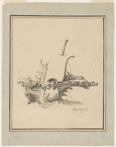 Entwurf für ein Wappen in Form eines Bootes mit Segel, für Recueil Nouveau de Differens Cartouches von Jacques de Lajoüe