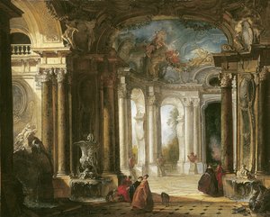 Das Innere eines barocken Palastes mit eleganter Gesellschaft bei Brunnen