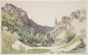 Ein sitzender Mann, der ein sonnenbeschienenes Bergtal betrachtet von Jakob Alt