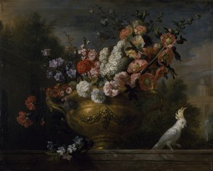 Stillleben mit Blumen in einer Urne, mit einem Kakadu, auf einem Sims, ca. 1699 von Jakob Bogdani or Bogdany