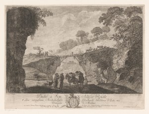 Berglandschaft mit einer Holzbrücke zwischen zwei Felsen von Jakob Wangner