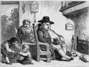 John Bull glücklich: John Bull (typische englische Figur, Symbol Englands) zu Hause mit seiner Frau und seinen Kindern. Gravur von Gilbert nach Gillray. In „Le Magasin pittoresque“ von James (after) Gillray