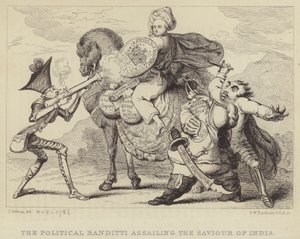 Die politischen Banditen greifen den Retter Indiens an: Warren Hastings, ehemaliger Gouverneur von Bengalen, wird von den Politikern Edmund Burke, Charles James Fox und Lord North angegriffen von James (after) Gillray