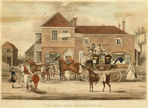 Der Postkutschenwechsel der Pferde, ca. 1825 (Gravur) von James (after) Pollard