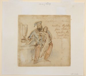 General Avitabile liest an einem Tisch, mit einer Frau auf seinem Knie, möglicherweise seine Favoritin, Begum Peri von James Atkinson