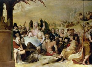 Elysium oder der Zustand der endgültigen Vergeltung, sechste in der Serie Der Fortschritt der menschlichen Kultur und des Wissens, Detail von Wissenschaftlern und Philosophen, die den Globus betrachten