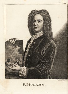 Porträt von Peter Monamy, englischer Marinemaler, der eine maritime Szene hält