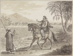 Reiter nähert sich Reisendem am Flussufer von James Bruce