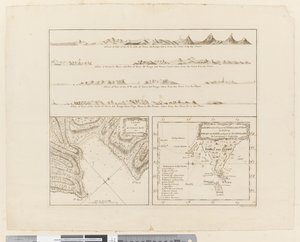 Vier Profile der Küste von Terra del Fuego, ein Plan der Success Bay in der Straße Le Maire, eine Karte des südöstlichen Teils von Terra del Fuego, graviert von T. Borven und J. Gibson von James Cook