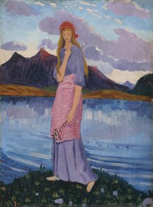 Mädchen steht an einem See von James Dickson Innes