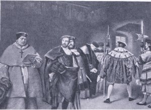 Entlassung von Kardinal Wolsey durch König Heinrich VIII, aus Cassells Geschichte des britischen Volkes, veröffentlicht von der Waverley Book Company, ca. 1950er Jahre