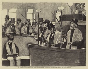 Das Laubhüttenfest in der Nordlondoner Synagoge, der Vorleser nimmt den Palmzweig