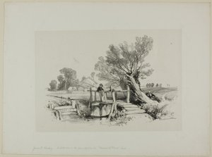 Landschaft mit Junge beim Angeln