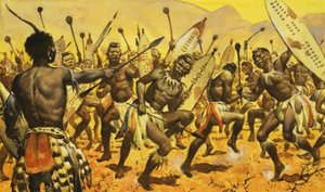Zulu-Krieger, die von Shaka gezwungen werden, auf dornigem Boden zu tanzen