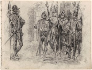 Skizzen von Charakteren und fünf spanische Soldaten mit Lanzen von James Ensor