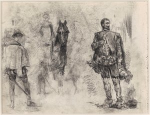 Spanier von hinten gesehen, Reiter und Spanier mit erhobenem Finger