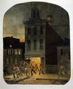 Philadelphia Feuerwehr verlässt die Kaserne, um zu einem Brand zu fahren. Aquarell von James Fuller Queen (1820-1866) 1857