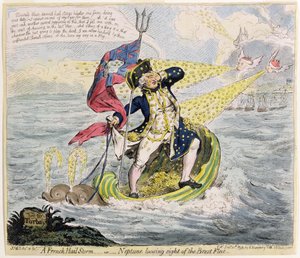 Ein französischer Hagelsturm oder Neptun verliert die Brest-Flotte aus den Augen, veröffentlicht von Hannah Humphrey im Jahr 1793 von James Gillray