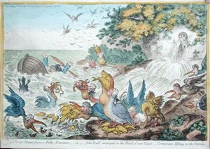 Ein großer Sturm aus einem kleinen Brunnen, oder John Bull in der Flut neuer Steuern: Kormorane fischen im Strom, veröffentlicht von Hannah Humphrey im Jahr 1806 von James Gillray