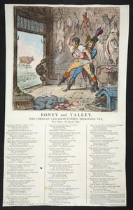 Boney und Talley, Die korsischen Kadaver-Metzger Abrechnungstag - Kein Vierteltag!, veröffentlicht 1803 (handkolorierte Gravur)