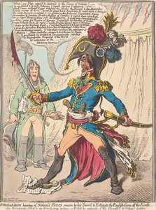 Buonaparte hört von Nelsons Sieg und schwört bei seinem Schwert, die Engländer von der Erde zu vertilgen (aus: Caricature, Bd. 1) von James Gillray