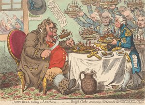 John Bull nimmt ein Mittagessen zu sich; - oder - Britische Köche stopfen den alten Murrmagen mit guter Kost voll (aus: Karikatur, Bd. 1) von James Gillray