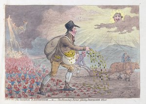 Die Generäle des Patriotismus oder der Bloomsbury-Bauer pflanzt Bedfordshire-Weizen, veröffentlicht 1796 von James Gillray